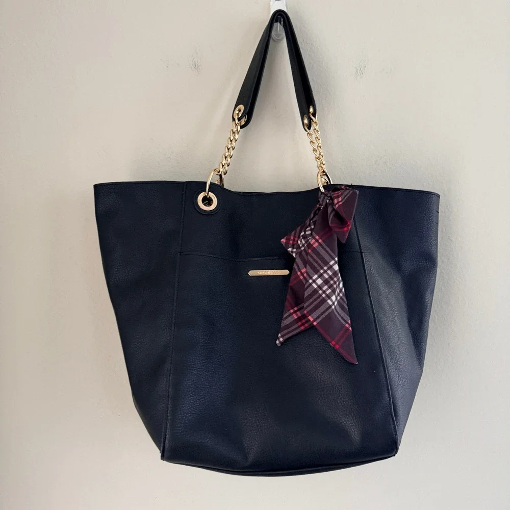 Steve Madden Black Faux Leather Tote Bag Gold Chain Straps Plaid Scarf Vegan